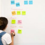 A woman organizing notes on a whiteboard with colorful sticky notes in an office setting.